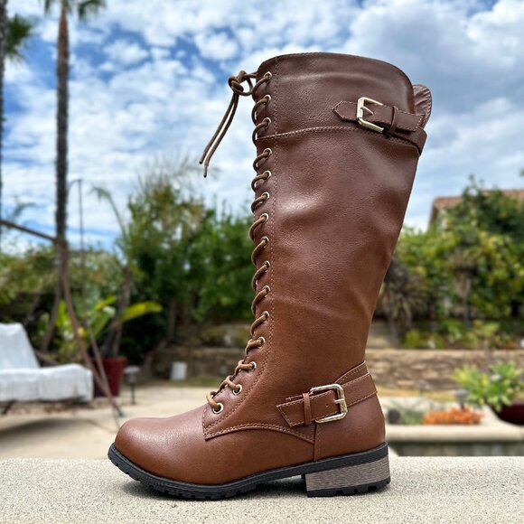 New Tan Lace-Up Military Combat Moto Boots Knee High Low Block Heel Lug Platform - Picture 3 of 6